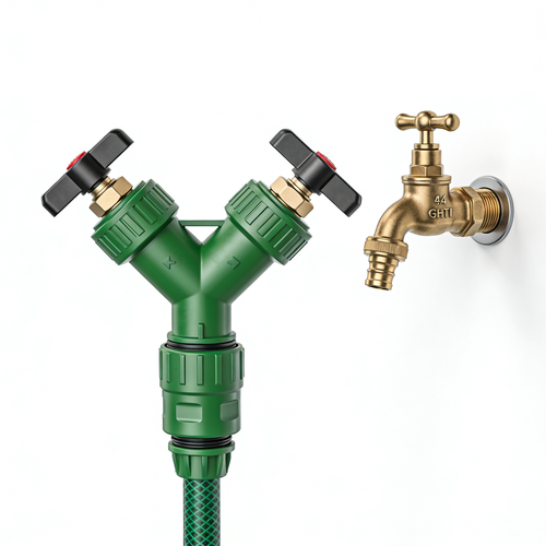 PottedPlant plants 2 Way Hose Splitter Heavy Duty - Metal Y Garden Hose Splitter with Shutoff Valves, Brass Outdoor Faucet Adapter for Spigot, 3/4 Inch GHT Water Hose Connector - Green